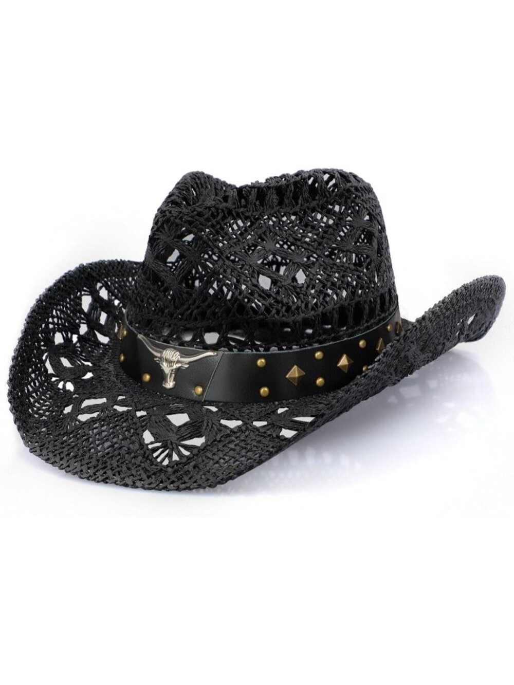 Men's Black Elastic closure Straw Wide Shapeable Brim Cowgirl Cowboy Hats